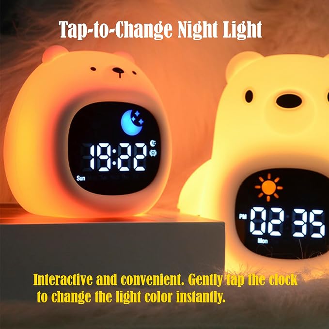 Cat Cartoon Ok to Wake Alarm Clock, White Noise Tap Night Light for Room | 6 White Noise Sounds, 8 Light Modes, Dual Alarm & Snooze, Dimmable LED, Type-C Rechargeable, 12/24 Hour Display