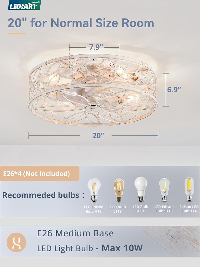 LEDIARY 20" Caged Ceiling Fan with Light, Flush Mount Fandalier with Remote | Low Profile, Farmhouse Small, Bladeless Industrial, Quiet DC Motor, App Control for Bedroom, Kitchen, Dining Room, White Gold