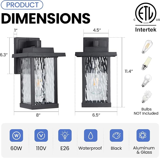 Black Outdoor Wall Light Fixtures with Water Ripple Glass, 2-Pack