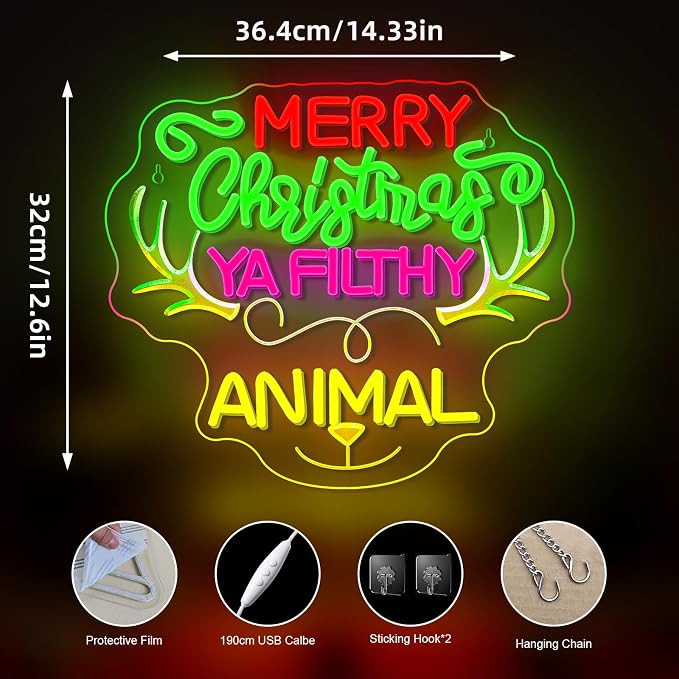 Merry Christmas LED Neon Sign Christmas Deer Light for Grinch Decoration | 14.33IN*12.6IN,Merry Christmas Ya Filthy Animal,Five level brightness adjustment,USB power,For Bar,Club,Pub,Home,Party