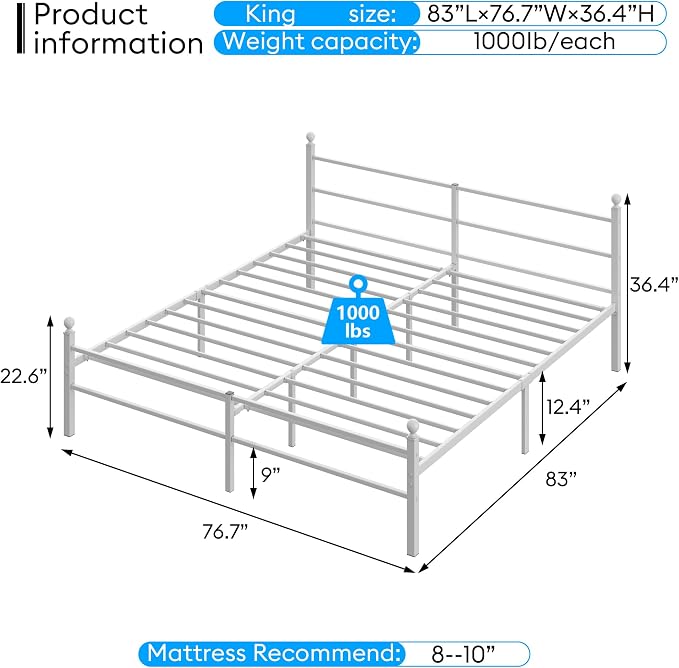King Size Bed Frame with Headboard - Metal Platform Bed with LED Lights, Charging Station, Under Bed Storage and Heavy Duty Steel Slats Support - No Box Spring Needed, Easy Assembly, White