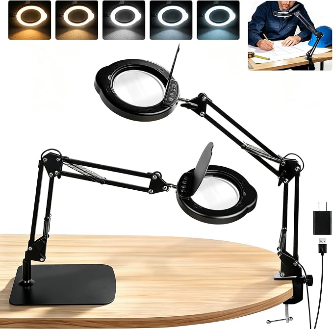 15X Magnifying Glass with Light and Stand for Crafts and Reading | Desk Magnifying Lamp With 2in1 Base & Clamp,With dust cover and adapter,Glass Lens,5 Color Modes,84 LEDs,For Seniors,Repair