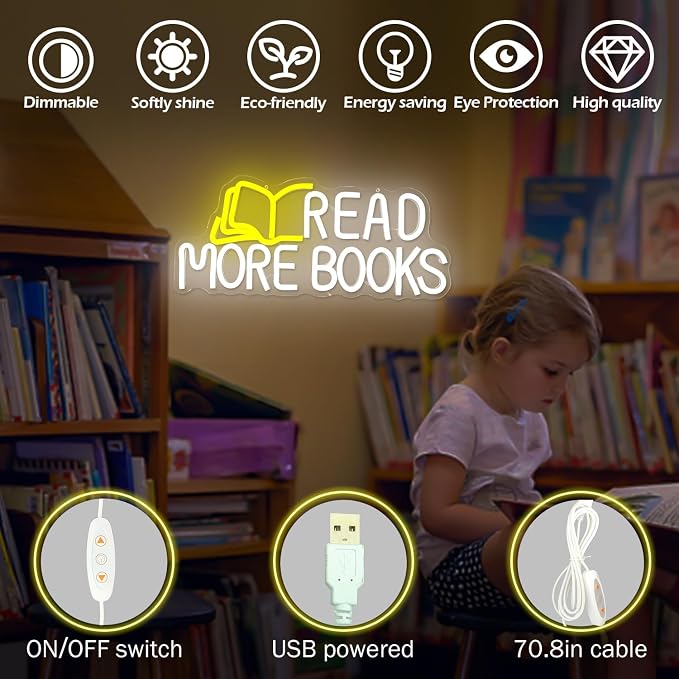 Read More Books Neon Sign Read Neon Light for Classroom Dimmable Led Light Up Sign for Bedroom Bookstore Reading Room Library Museum Study Room Decorations