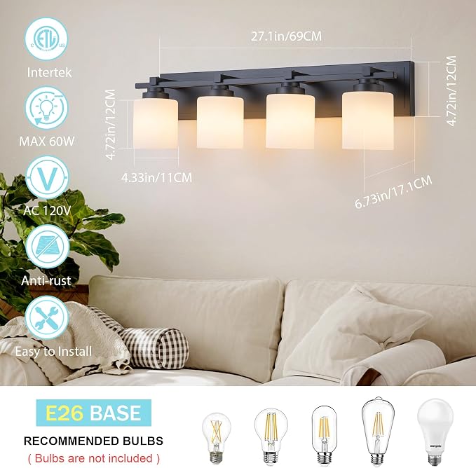 Modern Bathroom Light Fixtures Over Mirror, Vanity Lights for Bathroom Wall Sconces with Milky White Glass Shades, E26 Socket (Bulbs Not Included), 4 Light, Black