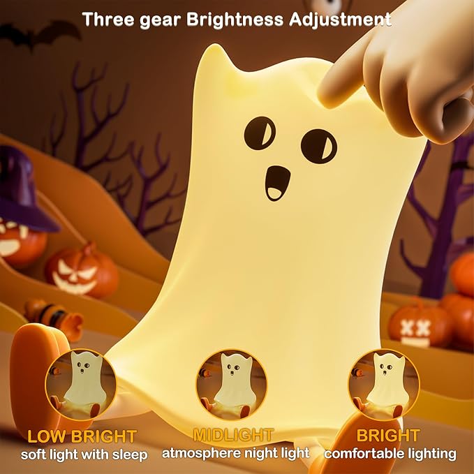 Eelexa Night Lights for Kids: Cute Lamp Rechargeable Toddler Baby Night Light with Timer, Adjustable Brightness, Ideal Holiday Season Gift Choice Halloween Home Decors (Silicone Ghost Lamp)