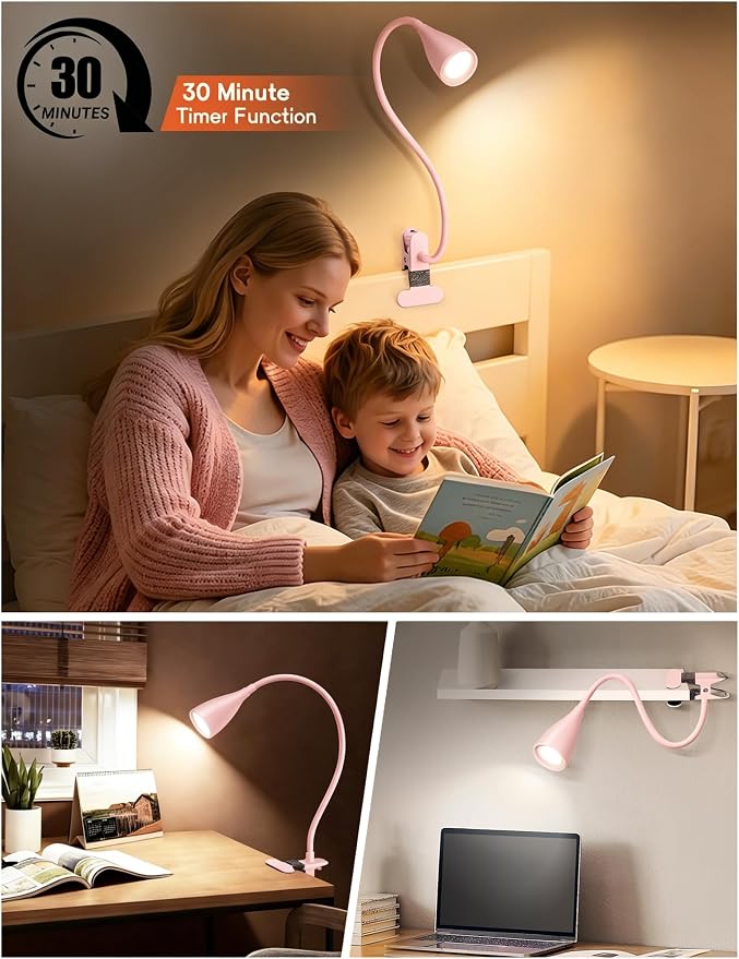 Reading Light for Book in Bed,Clip on Light Reading Lamp with Adapter Pink | 5 Color Modes 10 Brightness, Flexible Eye-Caring Clip on Desk Lamp Book Light for Reading in Bed Headboard Bedside Bedroom