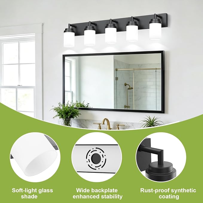 Bathroom Light Fixtures, Matte Black Bathroom Lighting Fixtures Over Mirror, Modern Vanity Light with White Glass Shade, Restroom Lighting Fixtures, 5-Light 36-inch