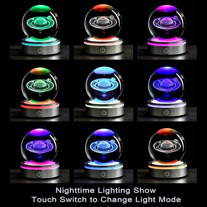 3D Laser Engraved Saturn Crystal Ball with LED Stand, 80mm Glass Sphere Lamp Night Light, Space Galaxy Planet Decor Gifts
