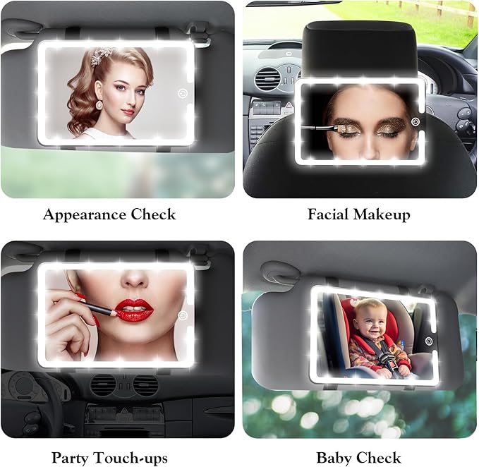 2PCS LED Mirror for Car Sun Visor Accessories,Mid-Size Car Visor Mirrors with 3-Color Dimmable Lights,Lighted Rear View Mirror for Universal Vehicle (White)