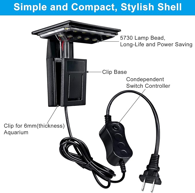 WEAVERBIRD Aquarium Light Fish Tank LED Light 6W 12 LED Planted Clip Lamp for 8-15Inch 6mm Thick Fish Tanks