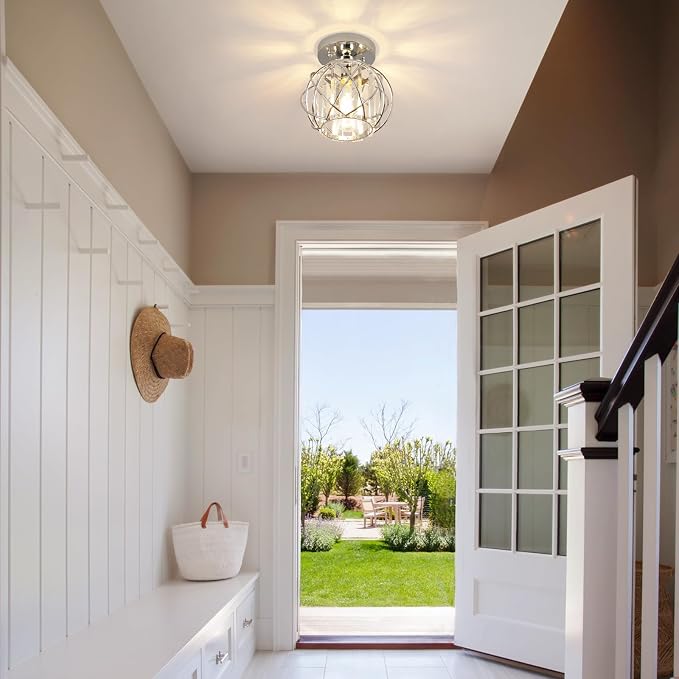 Hallway Light Fixtures Ceiling,Modern Chrome Crystal Ceiling Lights Fixture, Semi Flush Mount E26 Small Hallway Lighting Fixtures Ceiling Light for Porch Entryway Foyer Bathroom