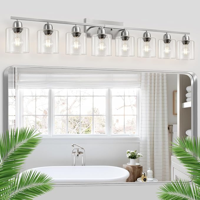 Modern Brushed Nickel 8 Light Bathroom Light Fixtures,52 inch Vanity Lights for Bathroom with Clear Glass, Bathroom Light Fixture for Mirror Kitchen Living Room Hallway Cabinet Porch