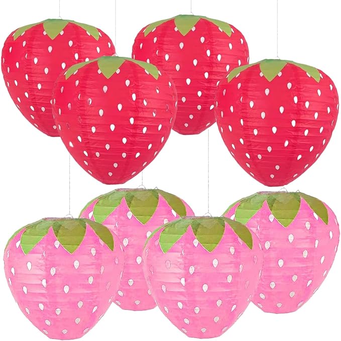 Strawberry Paper Lanterns - 8PCS Hanging Decorations for Room, Birthday Party, Wedding, Garden - 8 Inch, Red and Pink