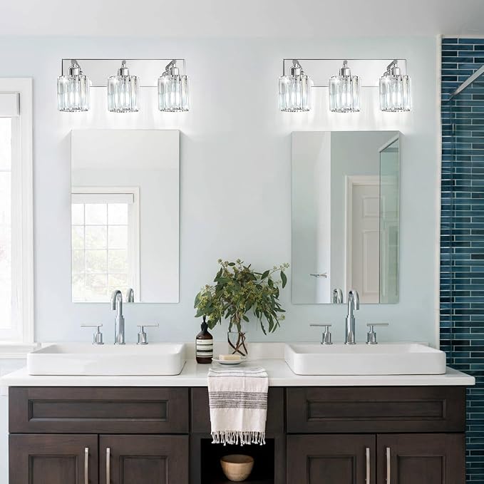 Brushed Chrome Crystal Bathroom Vanity Light, 3-Light Modern Bathroom Lighting Fixtures Over Mirror,Chrome Wall Sconce Light Fixtures with Round Shade
