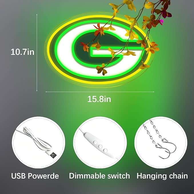 Packers Football Neon Signs Led Sign for Wall Decor Rugby Team Light Up Sign Suitable for Man Cave Office Bar Pub Wall Art Gifts for Teen Boys
