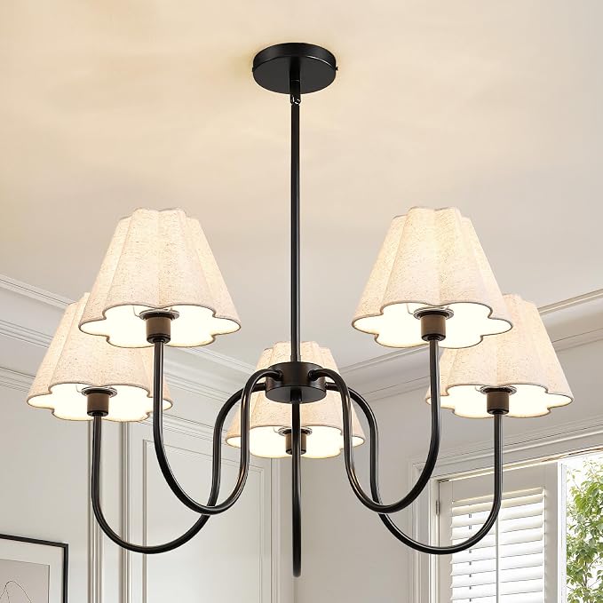 RUIYEY Gold Chandeliers for Dining Room - 28" 5-Light Modern Mid-Century Chandelier with Flower Scalloped Fabric Shades, Height Adjustable Farmhouse Pendant Ceiling Light Fixture for Bedrooms Kitchen