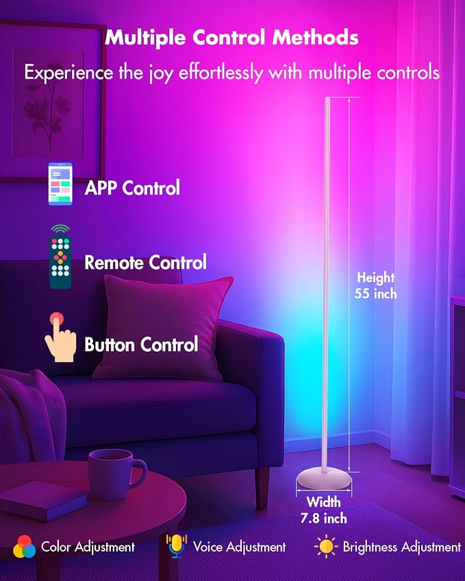 LED Corner Lamp, Smart RGB Floor Lamp for Living Room, Bedroom | 1200LM Dimmable with 16 Million Color Changing, Music Sync, APP & Remote Control, Standing LED Light for Gaming Room - Silver
