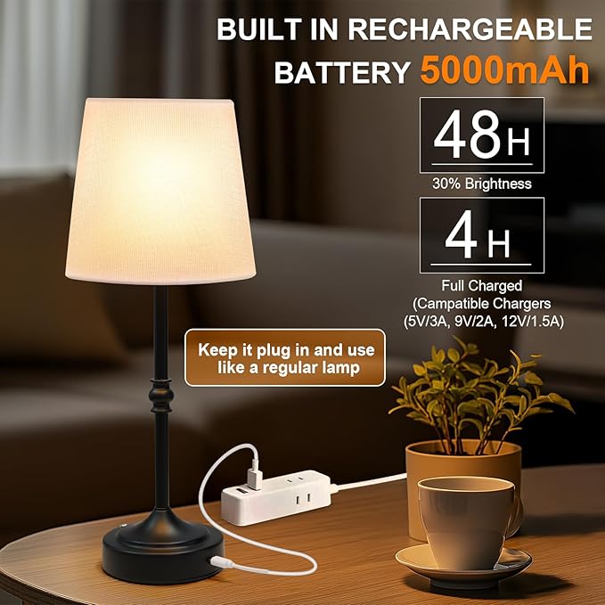 2 Pack Rechargeable Cordless Table Lamp, 5000mAh Battery Operated Lamps, Wireless 3-Level Dimmable Touch Lamp, Portable Night Bedside Brass Lamp, Desk Light for Patio Restaurant Dinnin (Black)