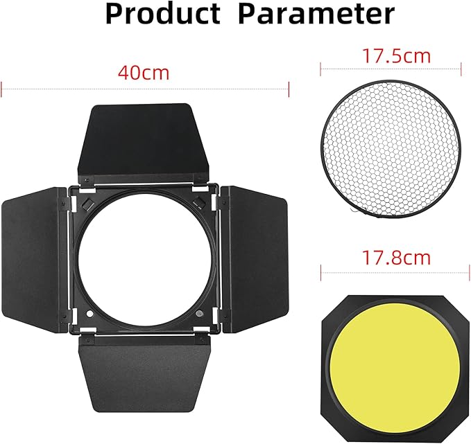 Godox BD-04 Barn Door & Honeycomb Grid &4 Color Gel Filters Compatible for Standard Reflectors Accessories kit