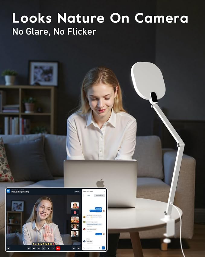 Led Desk Lamp with Clamp, 2000LM Dimmable Home Office Desktop Light, 3000k-6500k Adjustable Swing Arm Ring Light for Video Conference, Study, Reading, Zoom Calls, Streaming (White)