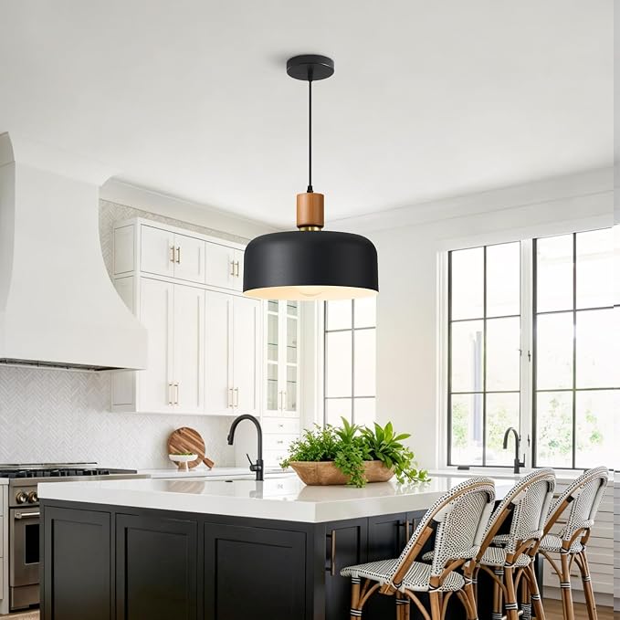 11.6" Black Pendant Light, Walnut Oak Wood & Brass Metal Drum Shade