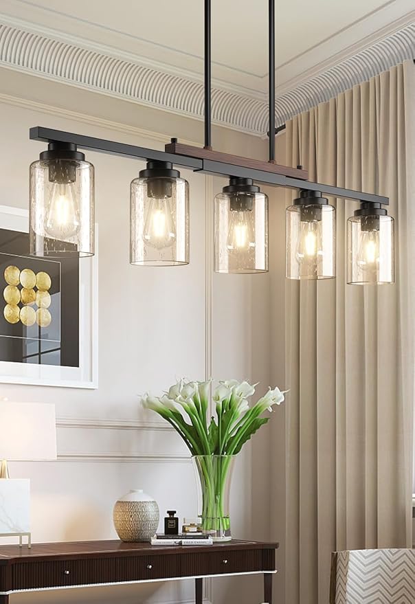 Amico Dining Room Light Fixture 5-Light Kitchen Island Lighting with Adjustable Rods, Farmhouse Decor Black Metal & Wood Chandelier with Seeded Glass Shade, Island Lights for Kitchen