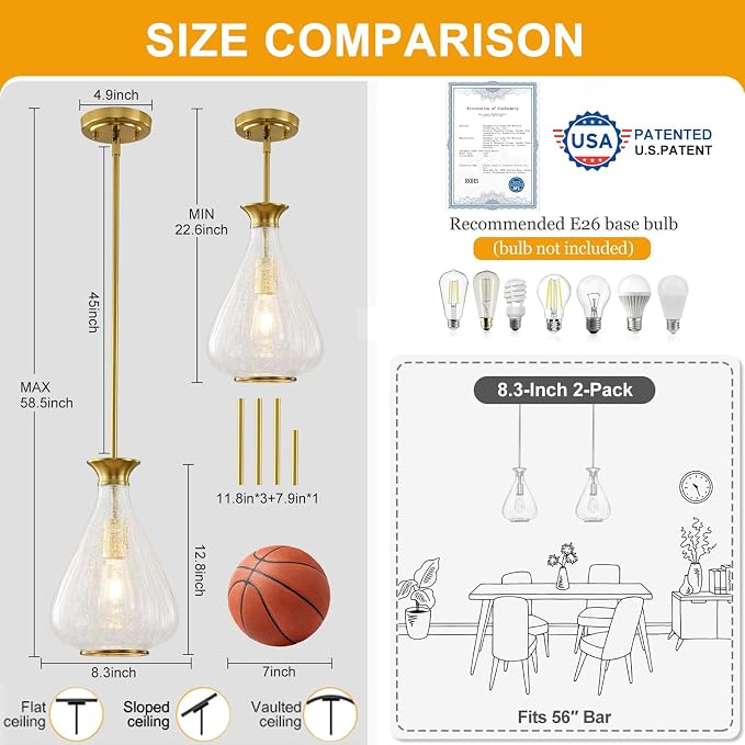 2 Pack Modern Pendant Lights Kitchen Island, Brushed Gold Pendant Light Fixtures with 8.5" Clear Crack Glass Shade, Industrial Hanging Pendant Lights Fixture for Kitchen Island Dining Room Entryway