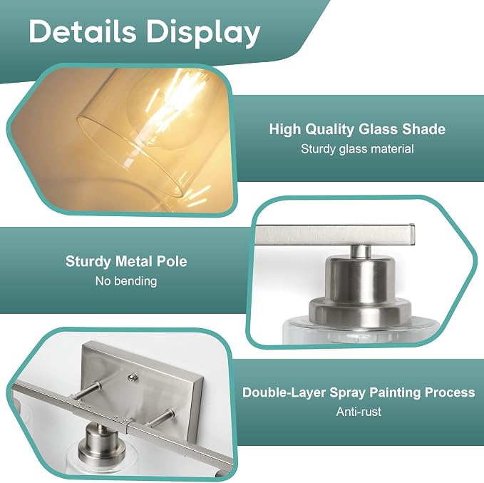 Ascher Bathroom Light Fixtures, 5-Light Vanity Light Over Mirror, Brushed Nickel Wall Sconces with Clear Glass Shades, Wall Lamp for Living Room Bedroom, E26 Base(Bulbs Not Included)