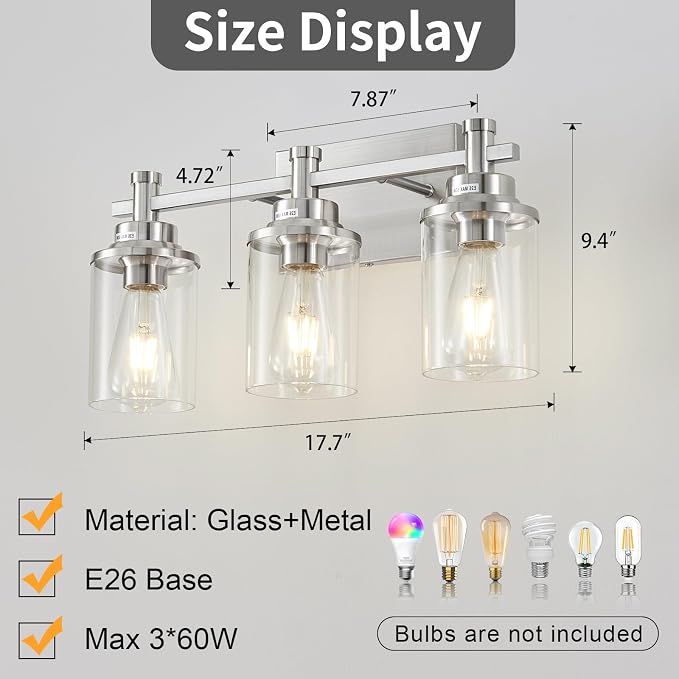 Brushed Nickel 3-Light Vanity Lights with Clear Glass Shade, Modern Bathroom Vanity Light Over Mirror, Kitchen Bedroom Hallway Cabinet Wall Lamp