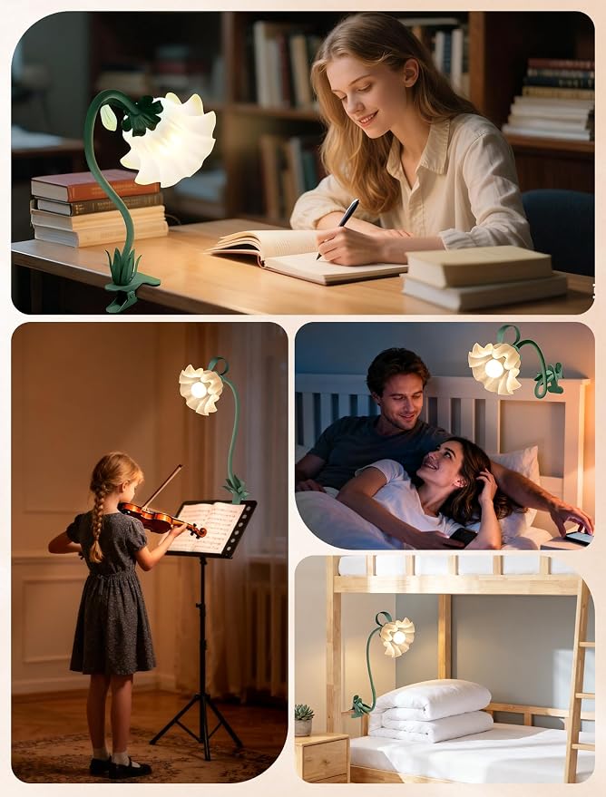 Clip On Flower Lamp for Bedroom, Aesthetic Bedside Reading Light with Flexible Gooseneck, 3 Color Modes Cute Desk Lamp Decor for Dorm Room, Headboard, Nightstand and Home Office