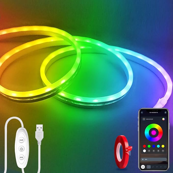 5V LED Neon Lights，3.3ft USB Powered LED Strip Lights | Color Changing Rope Light with APP Control，IP65 Waterproof Rope Lights for Bedroom，Cabinet,Kitchen(with Adhesive Backing)