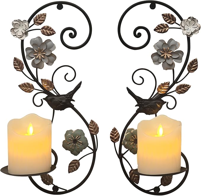 Farmhouse Wall Candle Sconces Set of 2 - Distressed Candle Holder Wall Mounted for Pillar - Vintage Metal Decor with Flower Leaves for Hallway Fireplace Bedroom Living Room