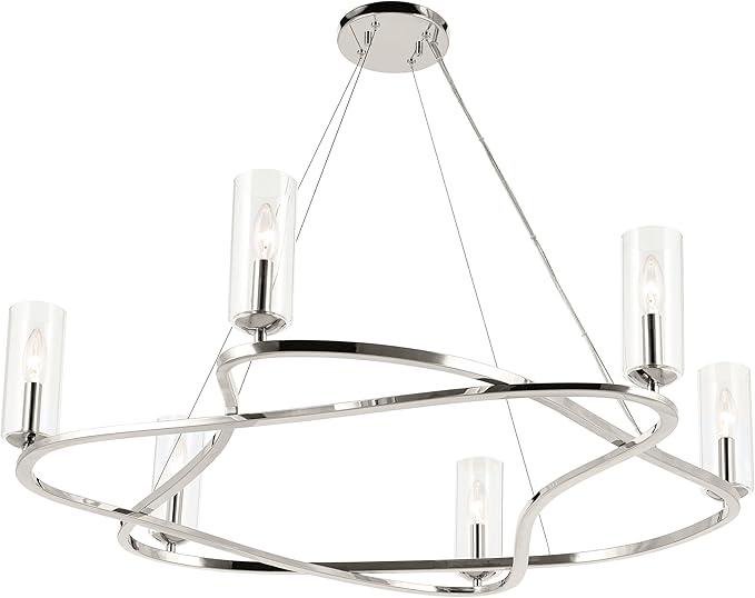 Kichler Harpin 6-Light Chandelier, Sloped Ceiling Compatible, for Dining Room or Living Room with Clear Glass in Polished Nickel (8.5" x 37.75"), 52771PN