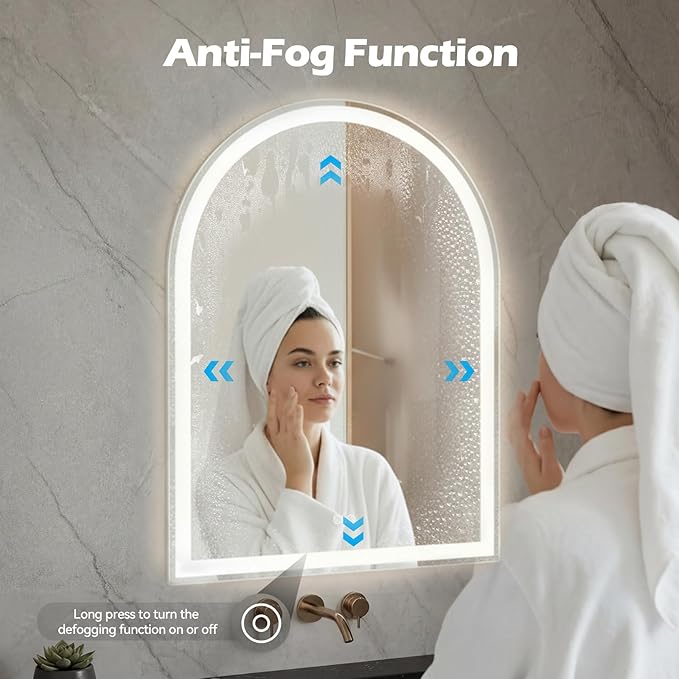 DUMOS 24"×36" LED Bathroom Mirror with Lights, Arched Vanity Mirror with Anti-Fog, Dimmable, 3-Color Light, Memory Function, Tempered Glass