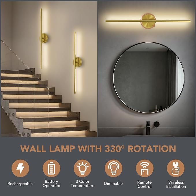 TONYFUL Battery Operated Wall Sconce Set of 2, Rechargeable Wall Lamp with 6000mAh Dimmable Bulbs and Remote, 3000K-6500K LED Wireless Wall Lights for Bedroom, Living Room, Hallway Decor, Background