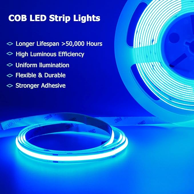 32.8ft/10M 24V COB Blue LED Strip Light 3840LEDs Uniform Glow Dotless IP20 Not Waterproof Flexible LED Tape Lights for DIY Cabinet Bedroom Kitchen Home Decor(No Power Supply)