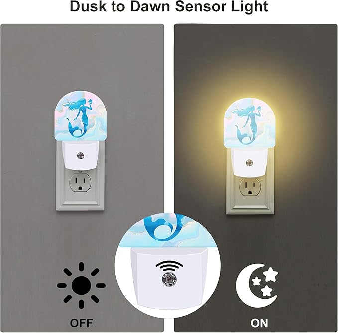 Watercolor Blue Mermaid Night Light for Kids,Pastel Pink Glitter Liquid Marble Plug in Night Light with Dusk to Dawn Sensor, 0.5w Energy Saving Nightlight for Hallway Stairway Kitchen Bedroom