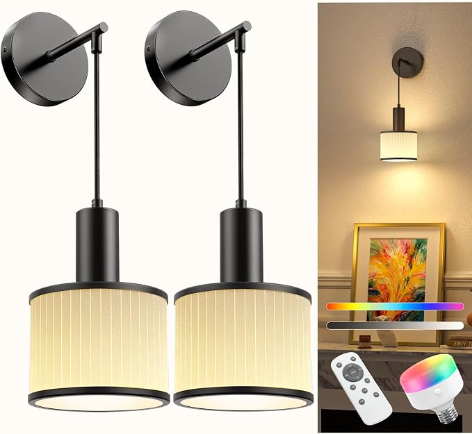 Battery Operated Wall Sconce Set of 2, Black&Off-White Wireless Rechargeable Wall Lights with 5200mAh Dimmable Detachable Bulbs and Remote, 9 Colors Sconces Wall Decor for Bedroom Living Room