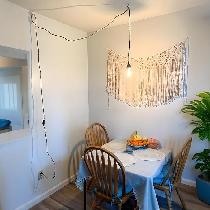 Vintage Plug in Pendant Light with Hemp Rope Cord 16.4 ft, 1-Light Hanging Light Cord Kit with On/Off Switch Farmhouse Black E26 Lamp Socket