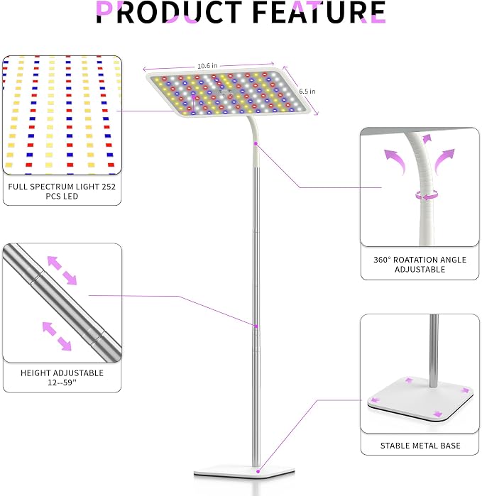 36W Grow Lights with Stand, Full Spectrum LED Plant Light, 12-59 Inch Height Adjustable Growing Lamp with Auto On/Off Timer 4H/8H/12H, 4 Dimmable Brightness | 252 LEDs Full Spectrum Plants Growing Light, 12-60" Height Adjustable Floor/Desk Lamp, 4 Dimm...