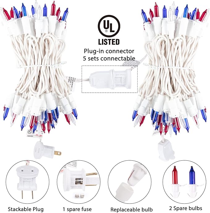 4th of July Decoration Patriotic Mini Lights - 100 Count 20 Feet Red White Blue Incandescent Bulb Waterproof String Lights Plug in for Indoor Outdoor Christmas Party Patio Independence Day Decoration