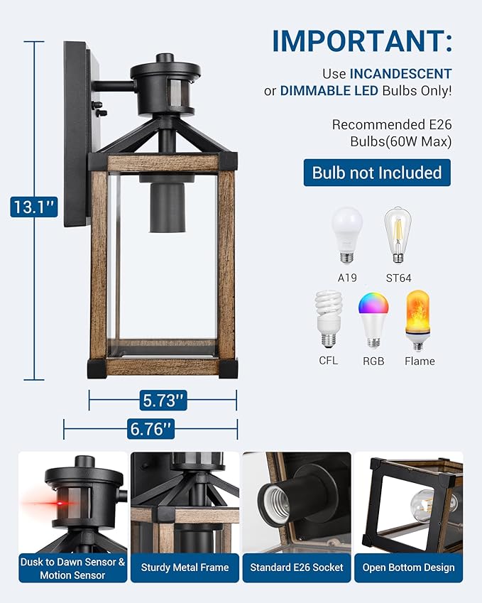 DEWENWILS Motion Sensor Outdoor Wall Lights, Dusk to Dawn Farmhouse Light | Clear Glass, Open Bottom, 3 Modes, 33FT Detection Range, 140° Sensing Angle, E26 Socket, Ideal for Doorway Garage Patio