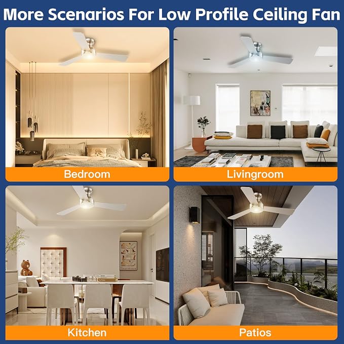 42 Inch Ceiling Fans with Lights And Remote, 3CCT/Flush Moun/6 Speed/Nickel | Flush Mount Low Profile Ceiling Fan, 6 Speed Noiseless LED Ceiling Fan, Brushed Nickel Ceiling Fan for Bedroom Living Room