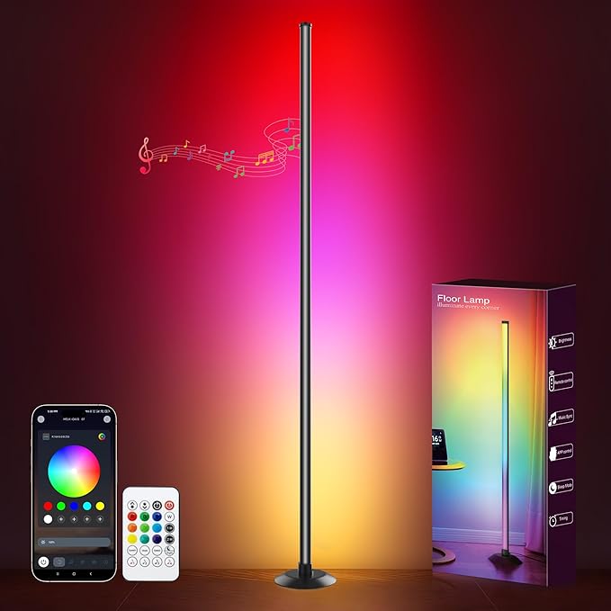 IC+RGBW Led Corner Floor Lamp USB Powered App, Remote Control, 1 Pack | App & Remote Control Color Changing, Timer, 64+ Music Modes Standing Lamps for Living Room Lamp Bedroom Gaming Room