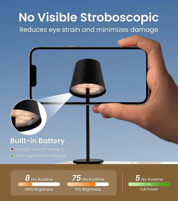 3 Pack Cordless Table Lamp, Portable Battery Operated Lamp with 3 Color Temps and Stepless Dimming, Rechargeable Table Lamp for Dinner, Desk, Cafe, Outdoor (Black)