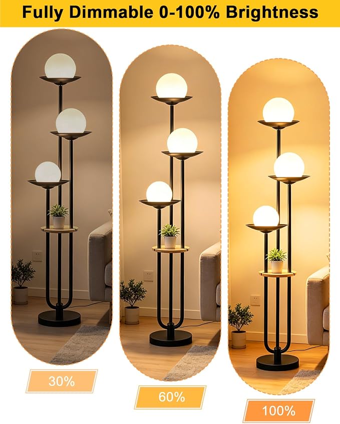 3-Globe Floor Lamp with Table, 63IN Mid Century Modern Floor Lamps Dimmable with 3000K Warm White Bulbs for Wedding/Party, Black Tall Standing Lamp for Living Room/Bedroom/Home Office