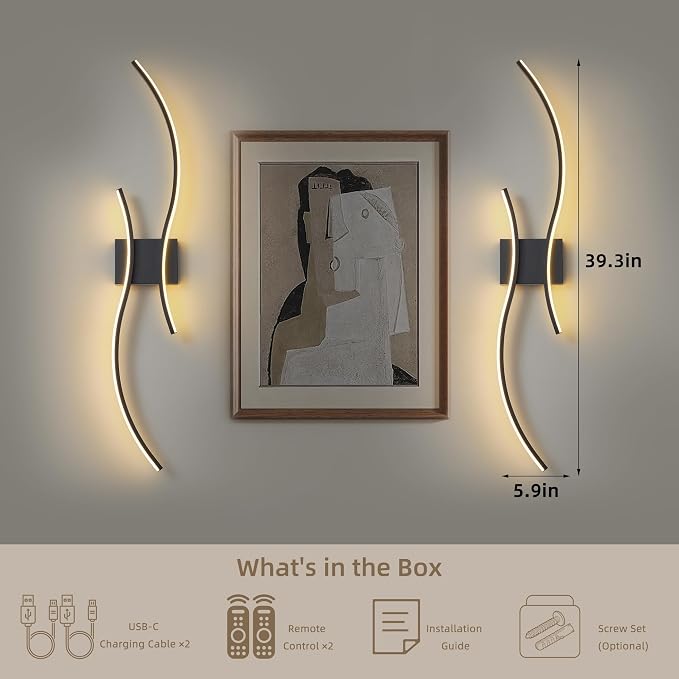 Battery Operated Wall Sconce Set of 2, Dimmable Modern LED Rechargeable Wall Light with Remote Control, Wall Decor for Living Room, Hallway, Quick Install, No Electrician Required
