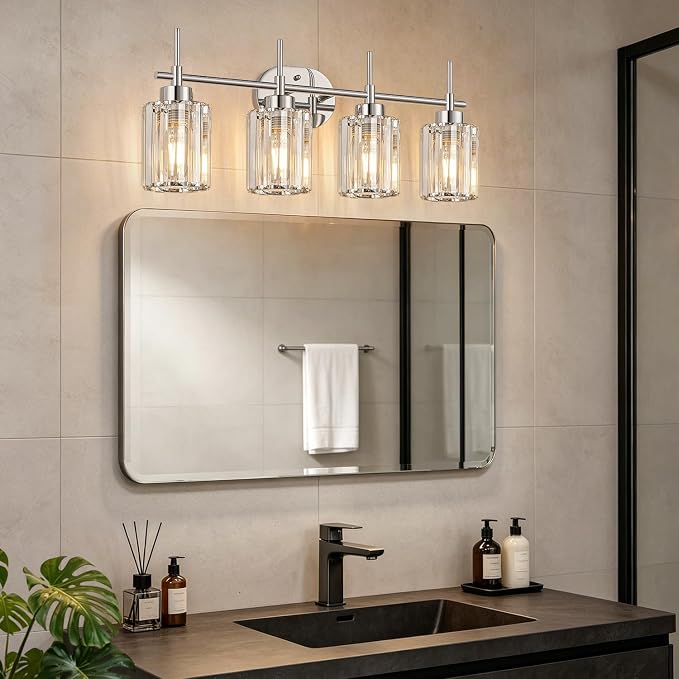 Modern K9 Crystal Bathroom Vanity Light Fixtures, 4-Light Chrome Vanity Lighting Over Mirror, Clear Crystal Shades, Modern Bathroom Light for Bedroom Living Room Hallway Dressing Room