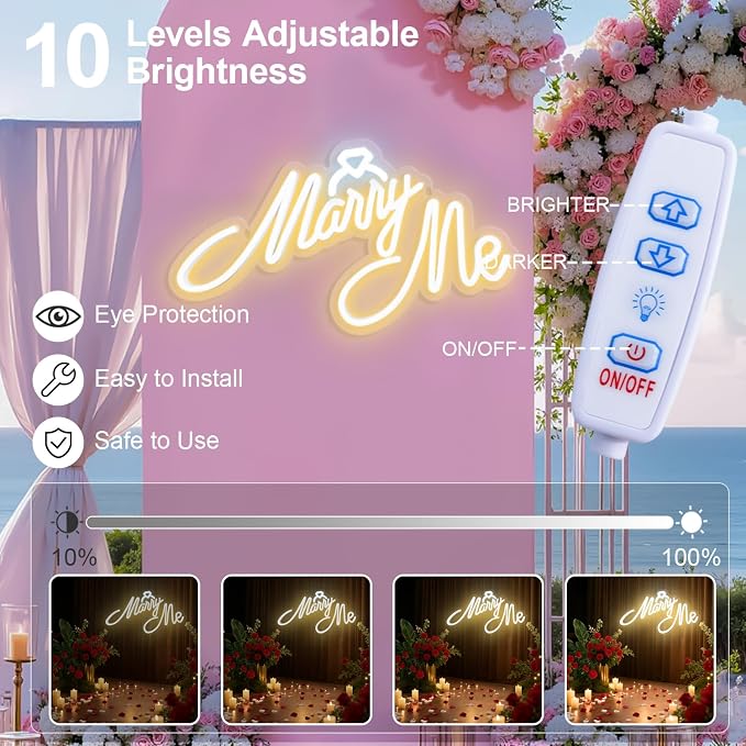 Marry Me Neon Sign, LED Neon Sign Wall Decor for for Engagement Proposal Wedding Ceremony Backdrop Wall Background Decorations, 16"x 9" USB Powered 10 Warm Brightness Light up Letters Signs