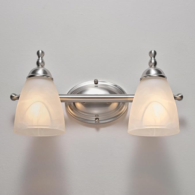 Globe Electric 63000104 3-Piece Bath Accessories, Satin Nickel Finish, 15" 2-Light Vanity Light, Alabaster Glass Shades, Toilet Paper Holder, Towel Ring, Bathroom Décor, Home Essentials